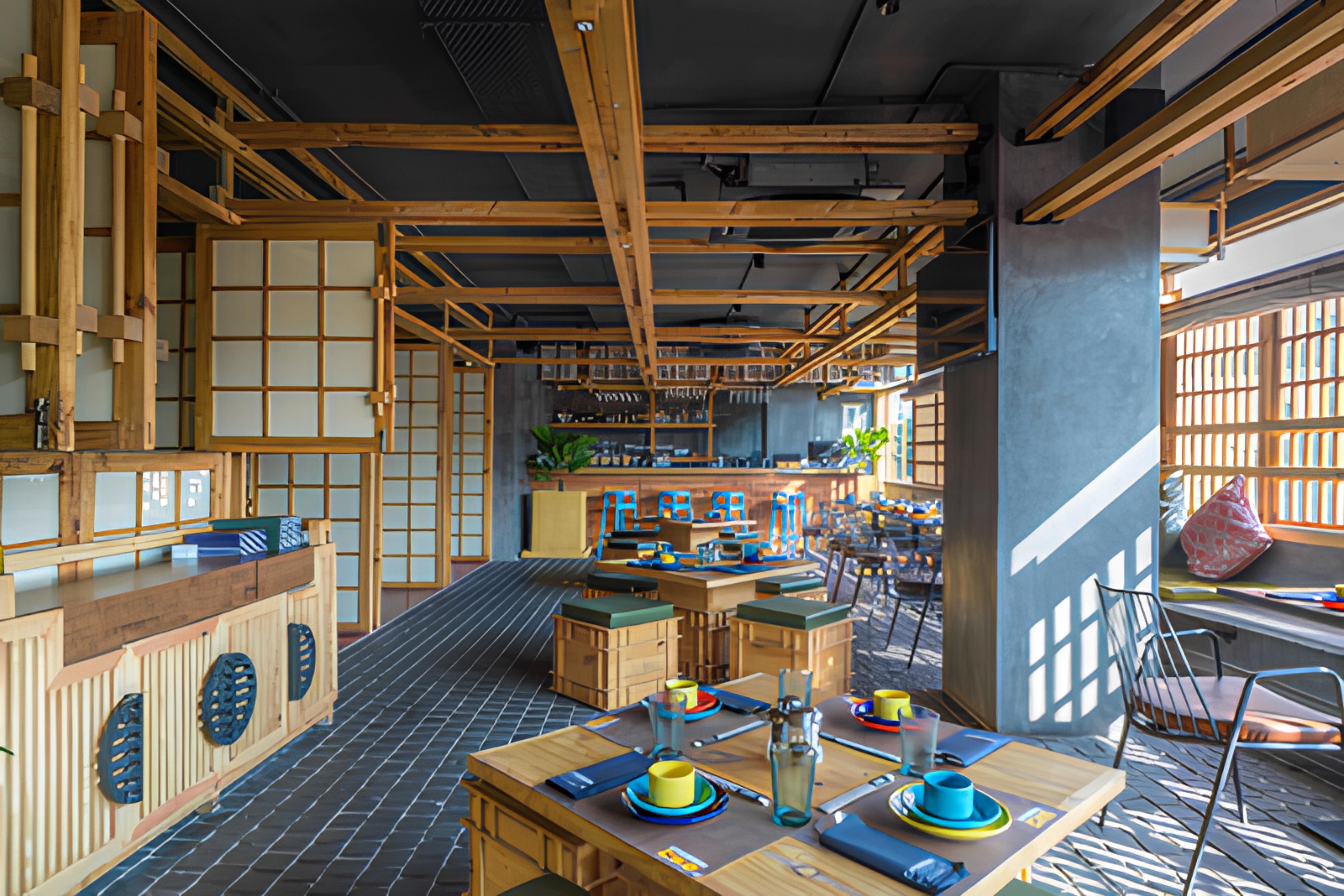 Dining room with set tables and bar counter at Chubby Cho